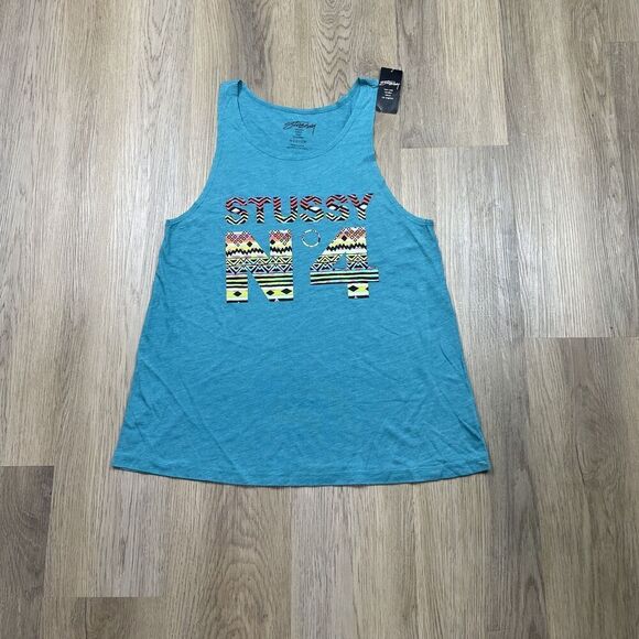 Stussy Shirt Womens Medium Blue Tank Top N4 Graphic Aztec Print Made USA New - Picture 1 of 9